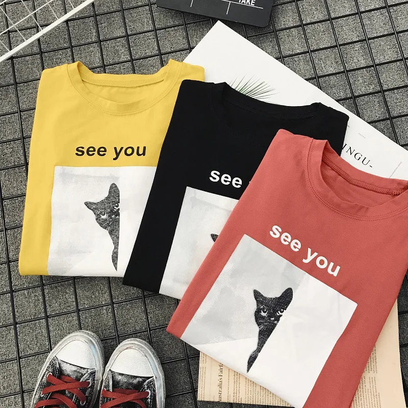 Cute Cat Letter Cartoon Print Funny T Shirts Women 2018 O-neck Short Sleeve Casual Summer Tops Femme Streetwear | Женская одежда