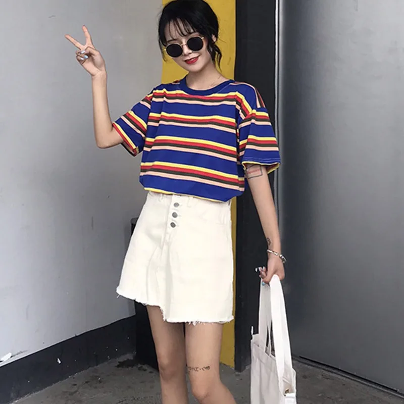 2019 Summer Stripe Printed T shirts Women Casual Loose tee shirt Harajuku O neck Short Sleeve Cozy Student Tee Tops femme|Футболки| |