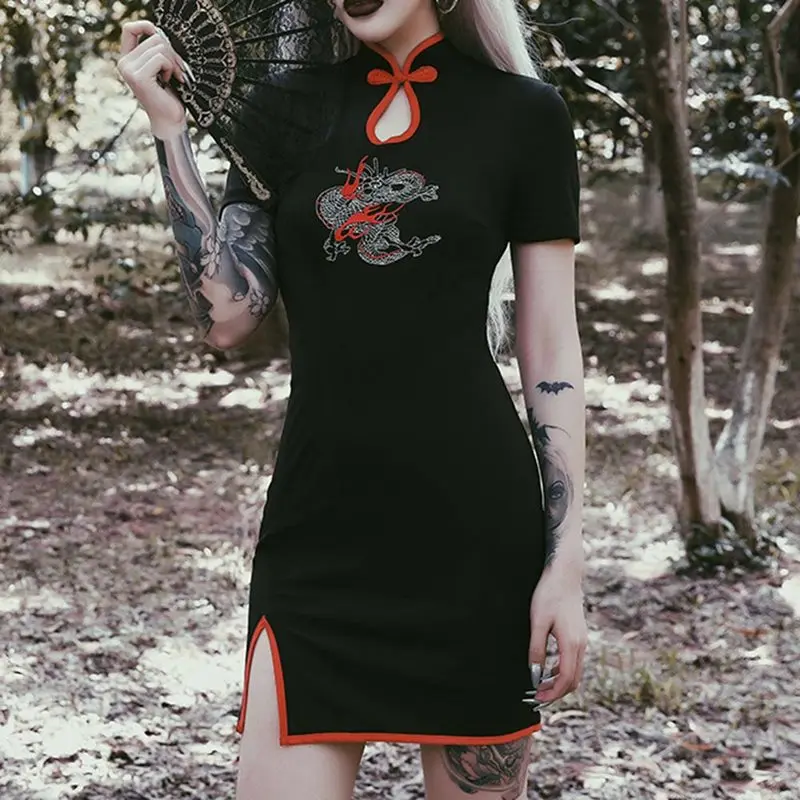 Панк сексуальные Клубные элегантные черные готические Cheongsam летние женские мини