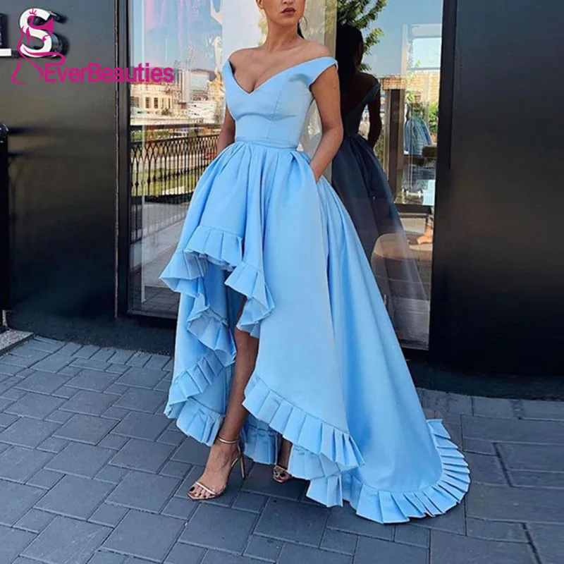as picture Длинные вечерние платья атласное голубое платье; Robe De Soiree v-образный вырез асимметричное Вечеринка платья торжественное платье - Цвет: as picture