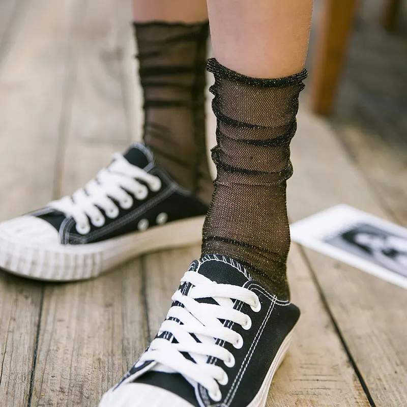 Короткие шелковые чулки calcetines женские модные прозрачные сетчатые с серебристым