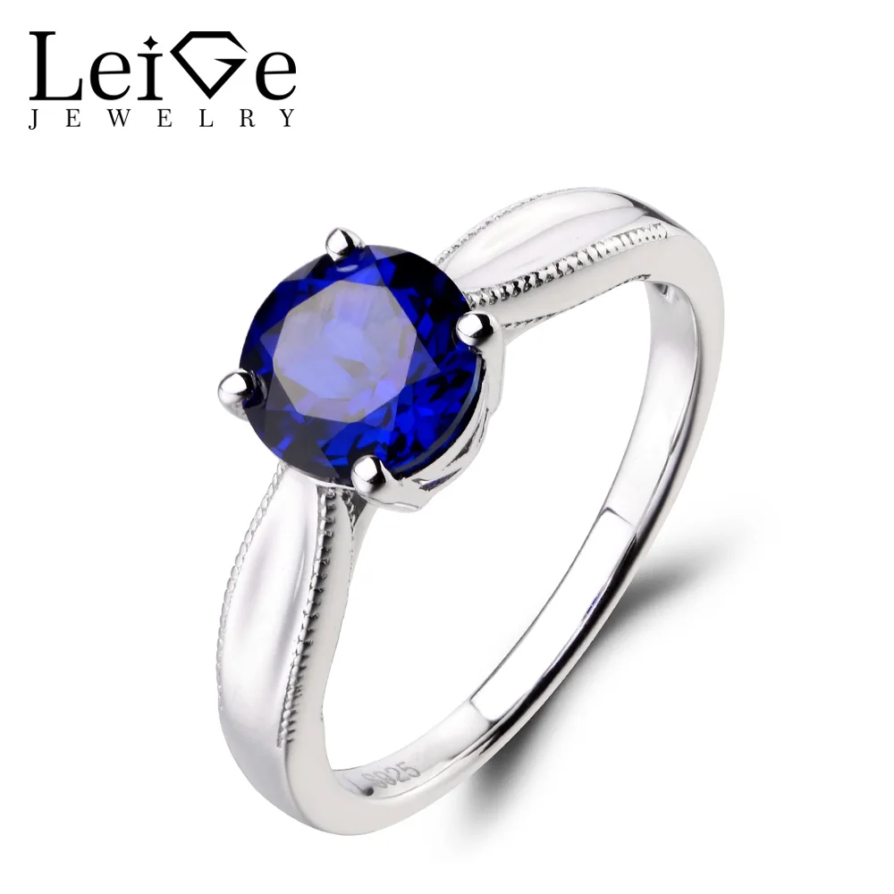 

Leige Jewelry Anniversary Ring Lab Blue Sapphire Ring Round Cut Fine Gemstone 925 Sterling Silver Ring September Birthstone