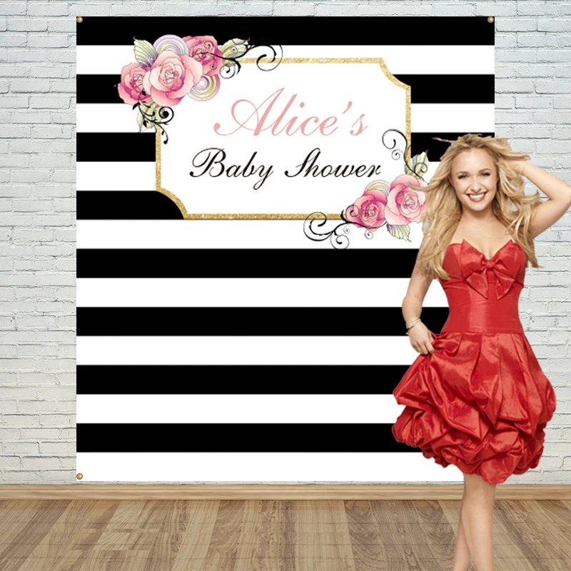 Allenjoy baby shower backdrop black and white striped Newborn beautiful flower birthday party background | Электроника