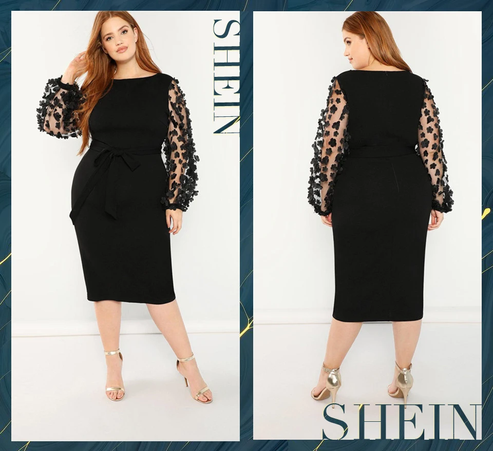 SHEIN женское элегантное черное платье-карандаш больших размеров с аппликацией, Сетчатое платье с рукавом-фонариком, приталенное платье с поясом для вечеринок