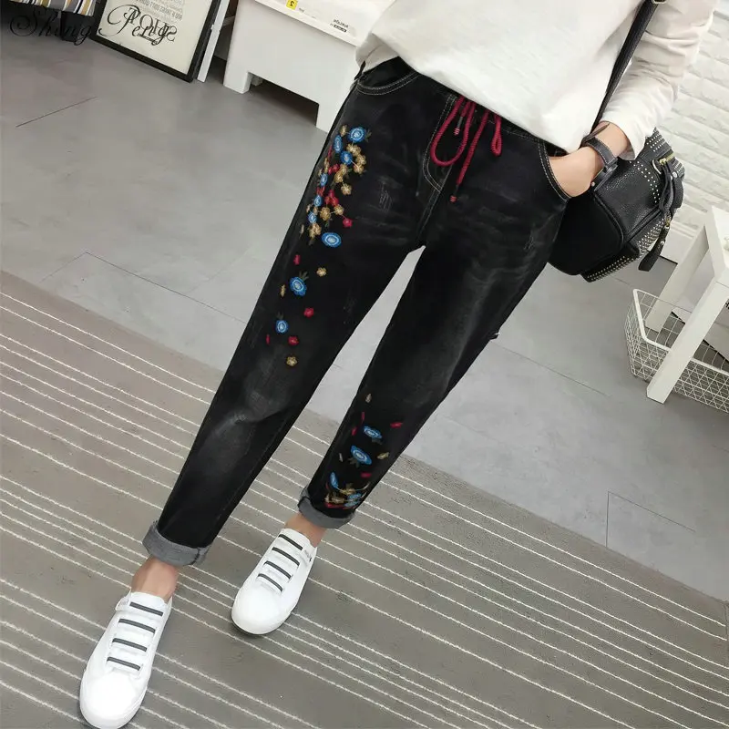 2019 для женщин с вышивкой джинсы высокой талией женские в стиле бойфренд Q659|Узкие