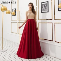 janevini high neck burgundy long prom dresses short sleeves beading arabic luxury satin a line formal prom gowns vestido de gala