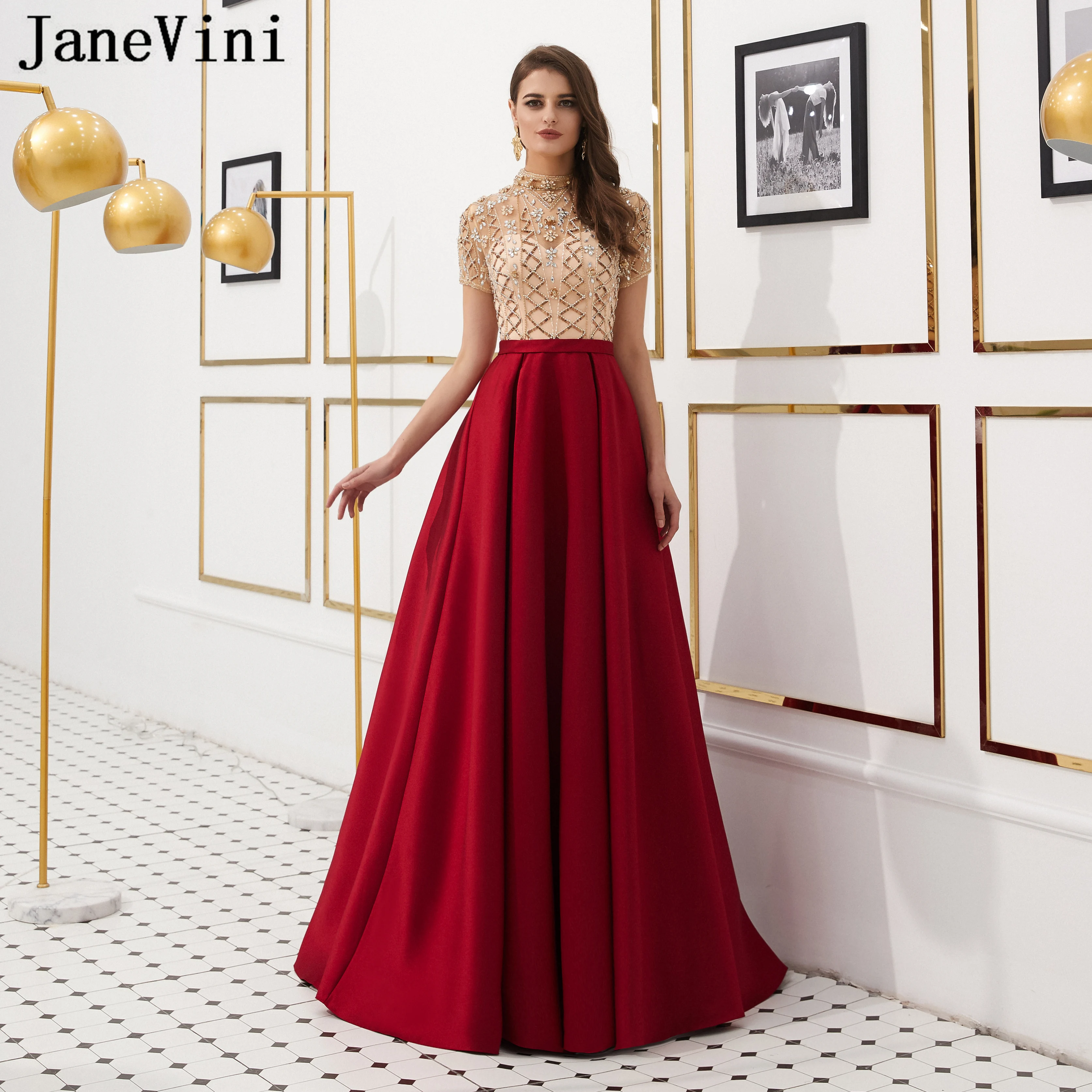 JaneVini с высоким вырезом бордовые длинные платья короткими рукавами бисером