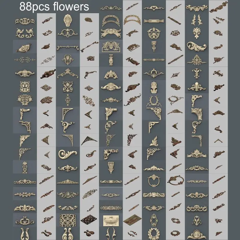 88 шт. резьбовые цветы для украшения мебели 3D модель STL рельеф ЧПУ формат Резьба