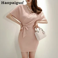 plus size casual knitted dress women v neck batwing sleeve corset bandage bodycon dress women black pink sexy party dress ladies