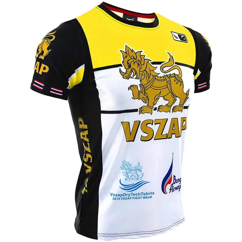 VSZAP quick-drying jersey MUAY THAI boxing short sleeve T-shirt for MMA fitness elastic fighting men Gym shirts | Спорт и
