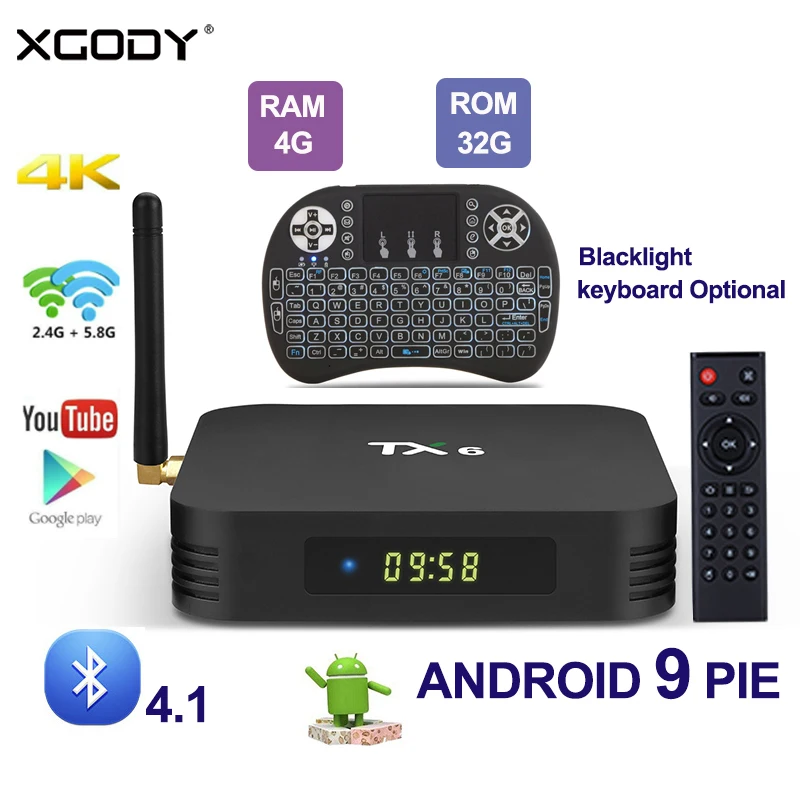 ТВ приставка XGODY TX6 Android 9 Allwinner H6 4 + 32 ГБ EMMC 2 ГГц 5 Wi Fi поддержка 4K H.265