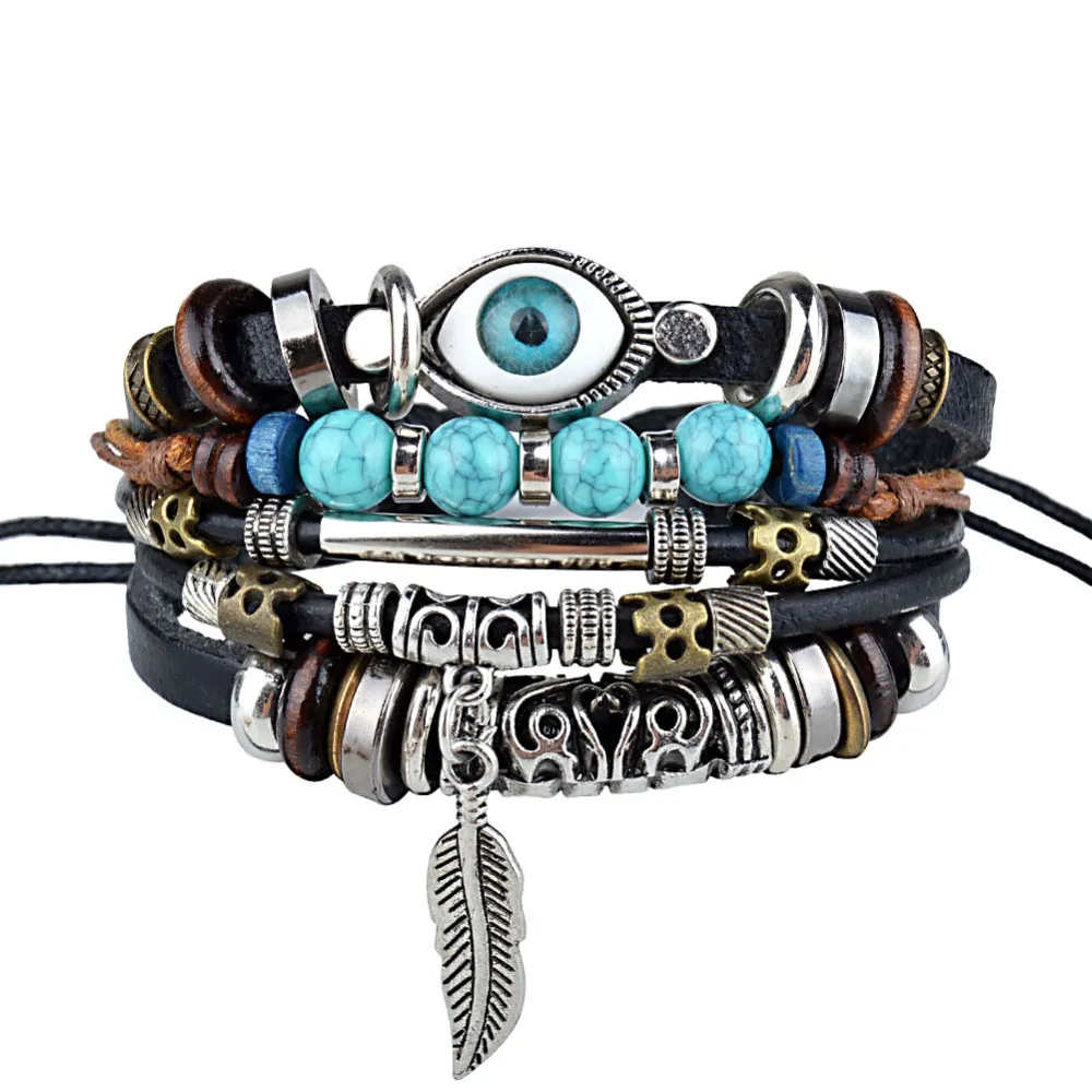 

Kirykle Vintage Bohemian Style Leather Handmade Multilayer Beaded Chain Eye Feather Charm Bracelets for Women Adjustable Rope