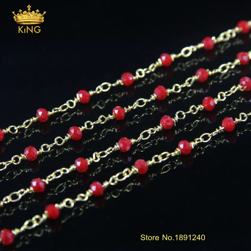 

Fashion Chain! Red Color Rondelle Faceted Crystal Glass Beads Wire Wrapped Beaded Rosary Chains Jewelry Finding JD062