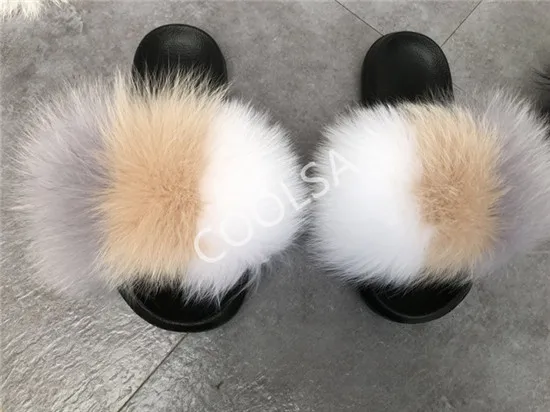 Women's Summer Fur Slippers Indoor Warm Fluffy Plush Home Shoes Woman Real Fox Hair Fur Slides Furry Sandals Female Flip Flops - Color: As shown
