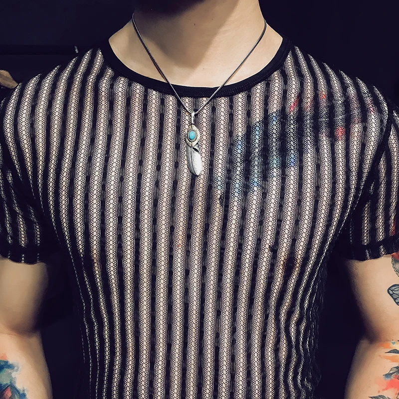 Новая полосатая Для мужчин s футболки Роскошные Прозрачный короткий рукав лето