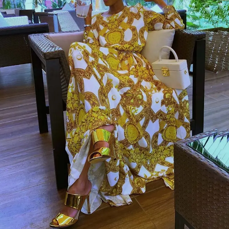 Летнее элегантное Бохо желтое Африканское черное женское длинное платье размера
