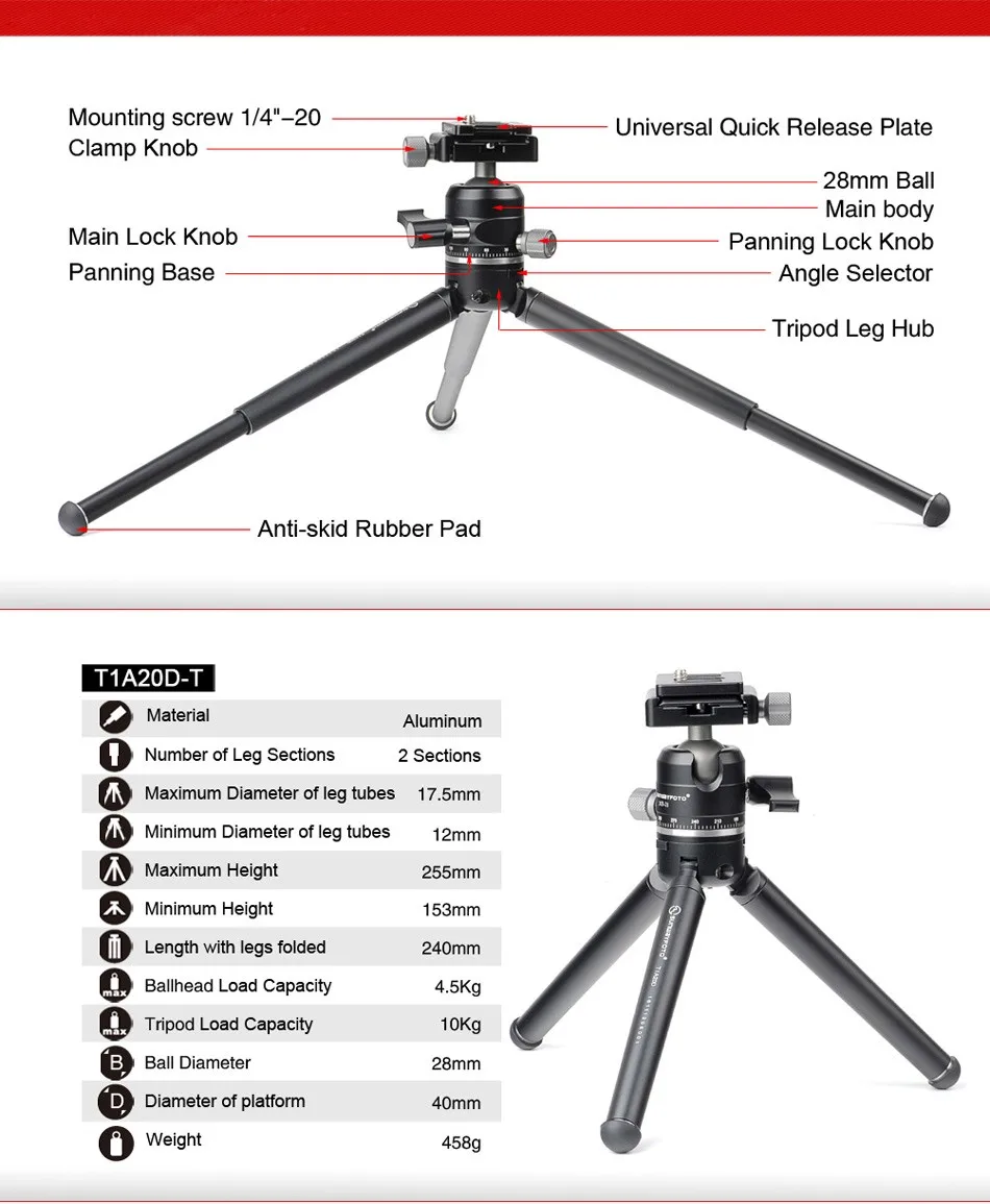 SUNWAYFOTO T1A20D-T Профессиональный мини штатив для камеры стенд Para Movil Tripodes Dslr& Phone аксессуары с шаровой головкой
