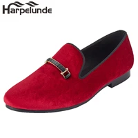 harpelunde men event flat shoes red velvet buckle loafers