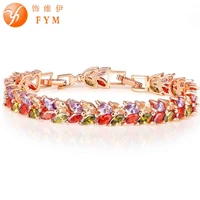 fym 2018 luxury gold color leaves bracelet with colorful aaa zircon crystal bracelet cz bracelets for women wedding