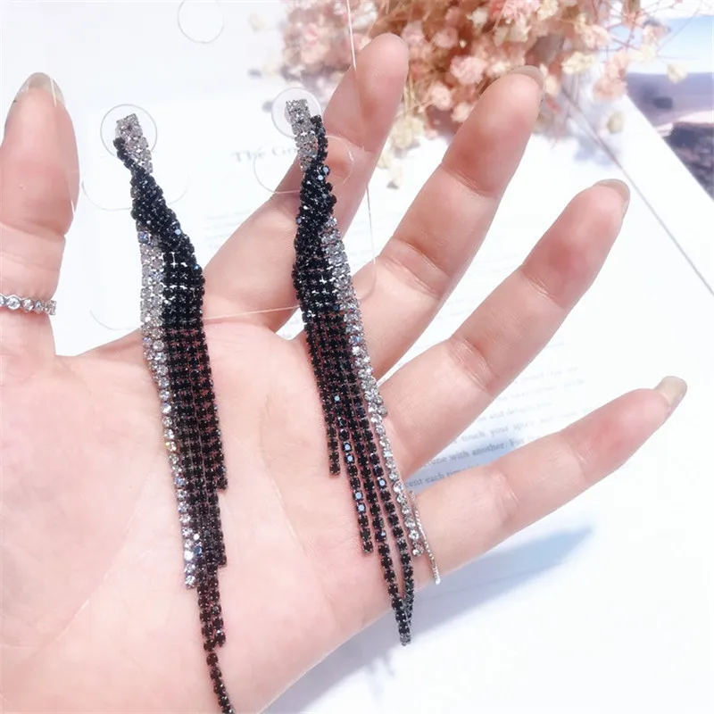 

Bamos Blue/Black Cubic Zirconia Drop Earrings Luxury Long Tassel Wedding Earrings For Women Girls Fashion Birthstone Jewelry