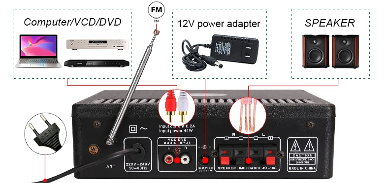 Kinter-011 hifi стерео караоке усилитель аудио с микрофоном usb sd вход 2.0CH 30 Вт FM радио Питание DC 12 В AC дома