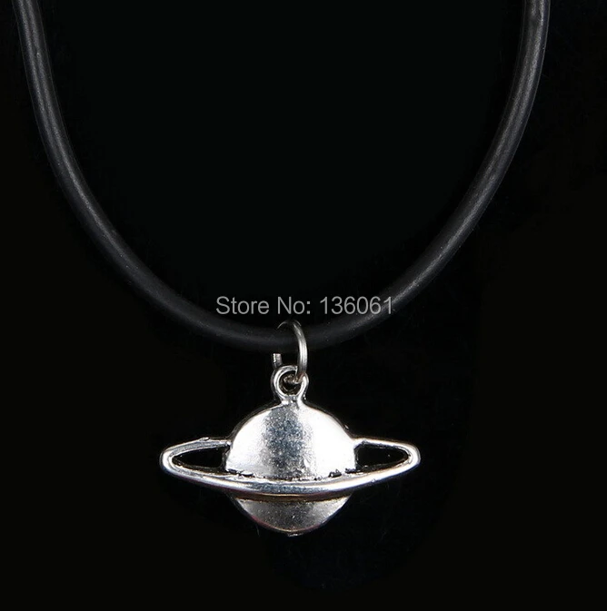 Vintage Silver Saturn Charms Statement BLACK Leather Choker Necklace Pendants Womens Clothing Accessories Jewelry  10PCS X456