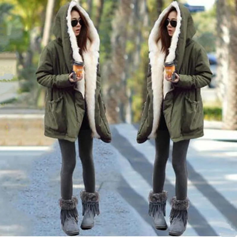 2016 New Women Winter Army Green Jacket Coats Overcoat Thick Parkas Plus Size Real Raccoon Fur Collar Hooded Outwear | Женская одежда