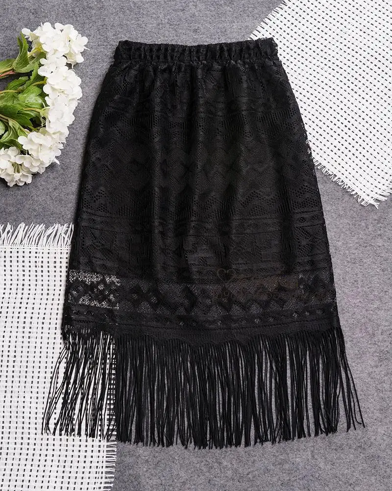 Женская короткая кружевная юбка-карандаш с кисточками и высокой талией | одежда