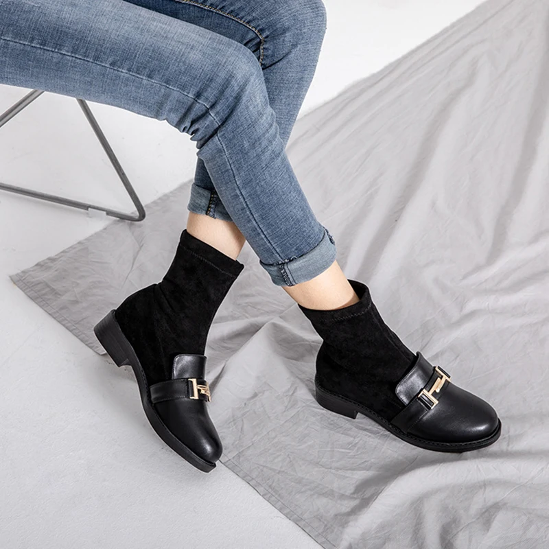 Эластичные флоковые носок Мартин botines Лоскутные кожаные ботильоны botas mujer