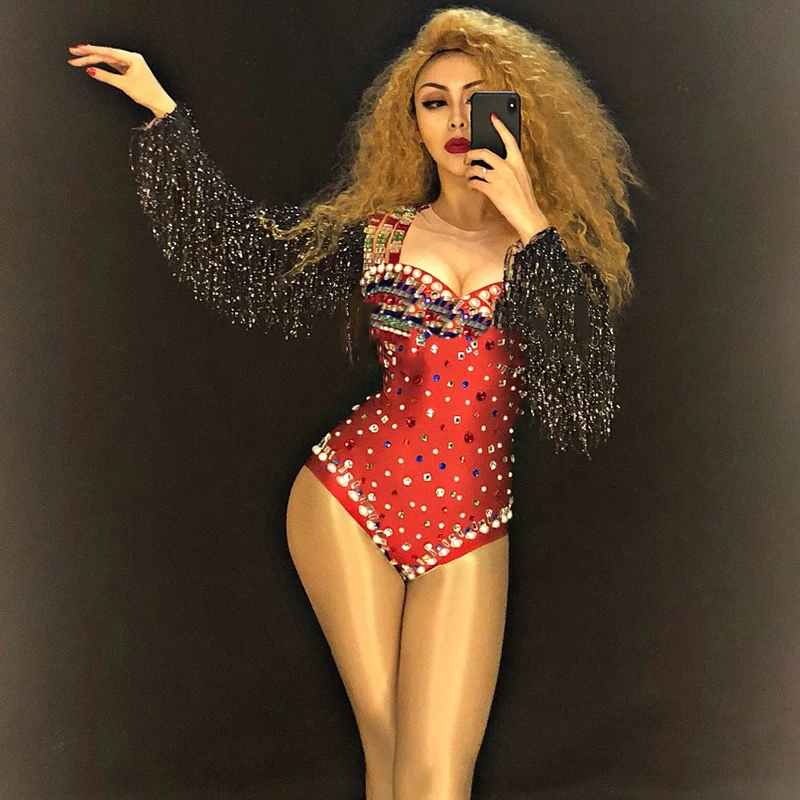 

Sexy Red Tassels Bodysuit Birthday Celebrate Multicolor Stones Fringes Sleeves Bodysuit Female Singer Stage Jazz Clothes DT516