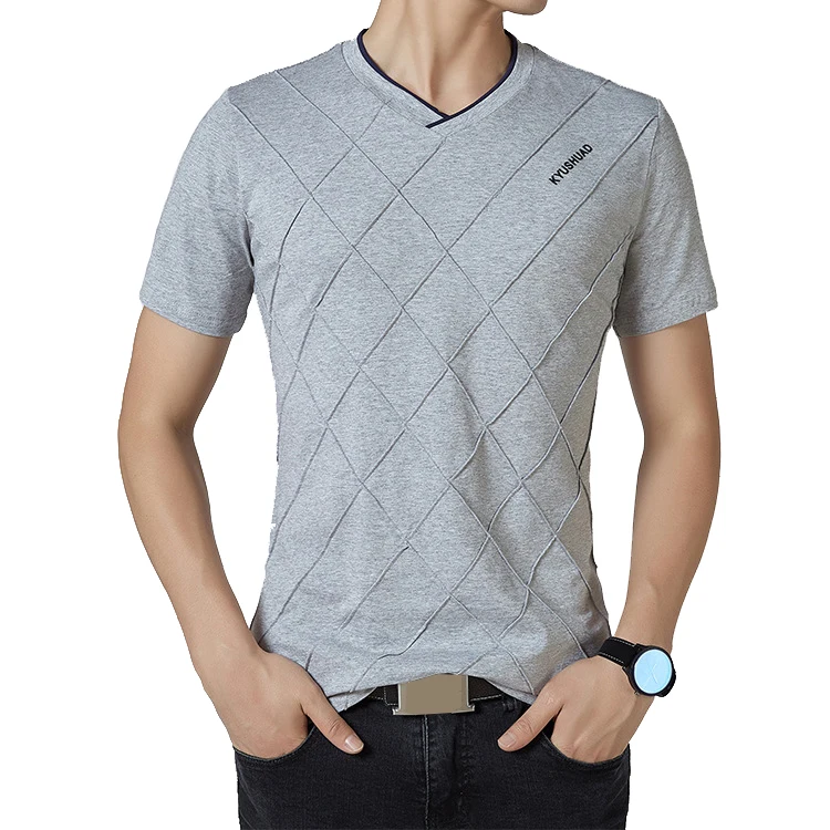 gray t-shirt BROWON брендовые Летние повседневные мужские футболки с коротким рукавом и v-образным вырезом, эластичная мужская одежда с ромбическим узором - Цвет: gray t-shirt