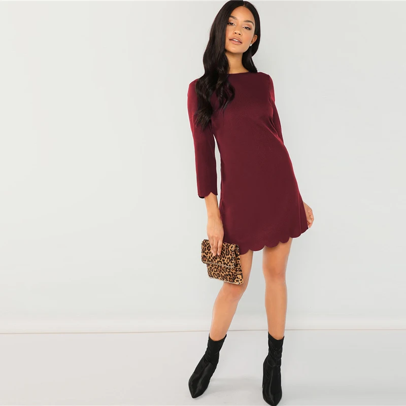 SHEIN бордовое офисное женское платье-туника с круглым вырезом и рукавами 3/4, осень, элегантная рабочая одежда, женские платья