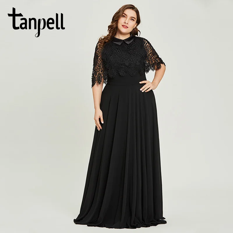 Tanpell с высоким воротом кружевное элегантное вечернее платье черного цвета с короткими рукавами длиной до пола с длинным рукавом платья для женщин вечер встречи выпускников длинное вечернее платье es