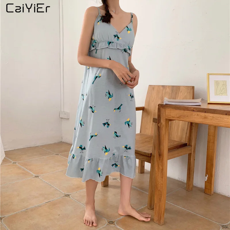 Caiyier Cotton Sleepshirts Sling Sleepwear Sexy Lingerie Korea Cute Print Famale Nightgowns Summer Women Nightdress Breast Pad | Женская