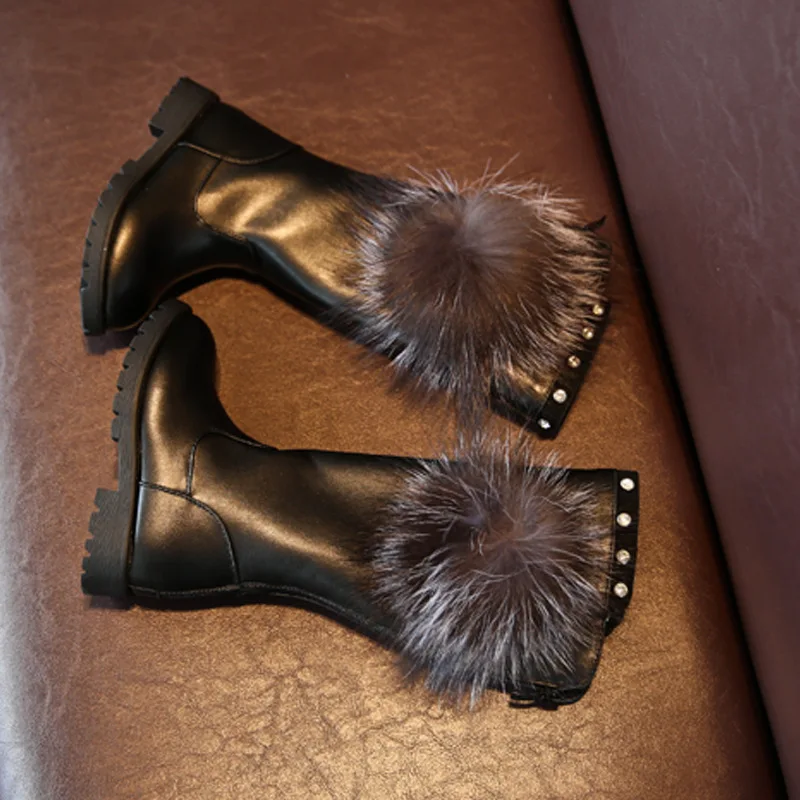 Модные кожаные сапоги для девочек коллекция 2017 года зимняя детская обувь Ботинки