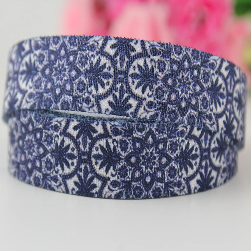 

16mm blue aztec flower printed polyester webbing fold over elastic ribbon hair bow wristband band 20 yards