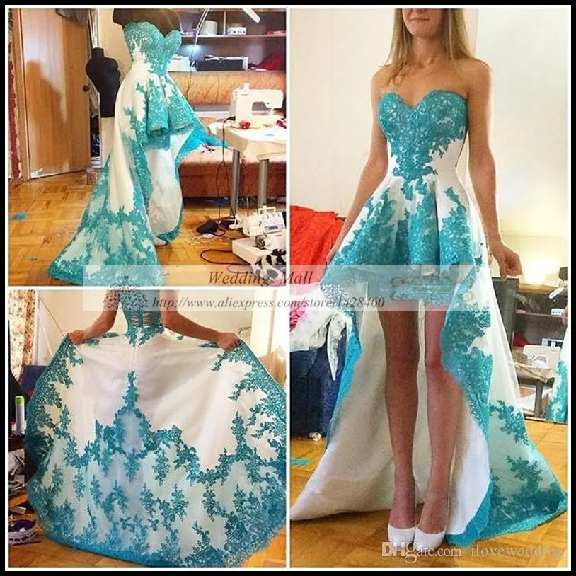 Реальные Изображения Высокая Низкая Пром Dress 2017 Sweet Бирюзовый Кружева Аппликация