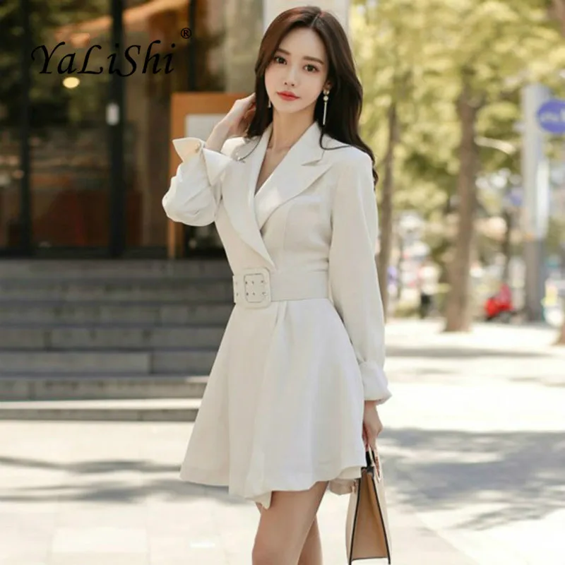 

Plus Size Solid A-line Dress 2018 Autumn Women White Long Sleeve Notched Suit Elegant Office Lady Mini Dress Work Ladies Dresses