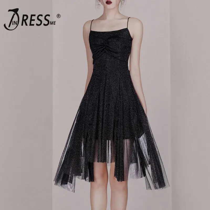 

INDRESSME 2019 New Sexy Spaghetti Straps Mesh Ruched Asymmetrical Hemline Sparkling Midi Dress Party Outfit
