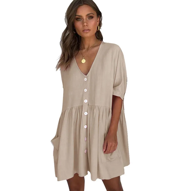Женское платье-рубашка однотонное мини-платье с глубоким v-образным вырезом