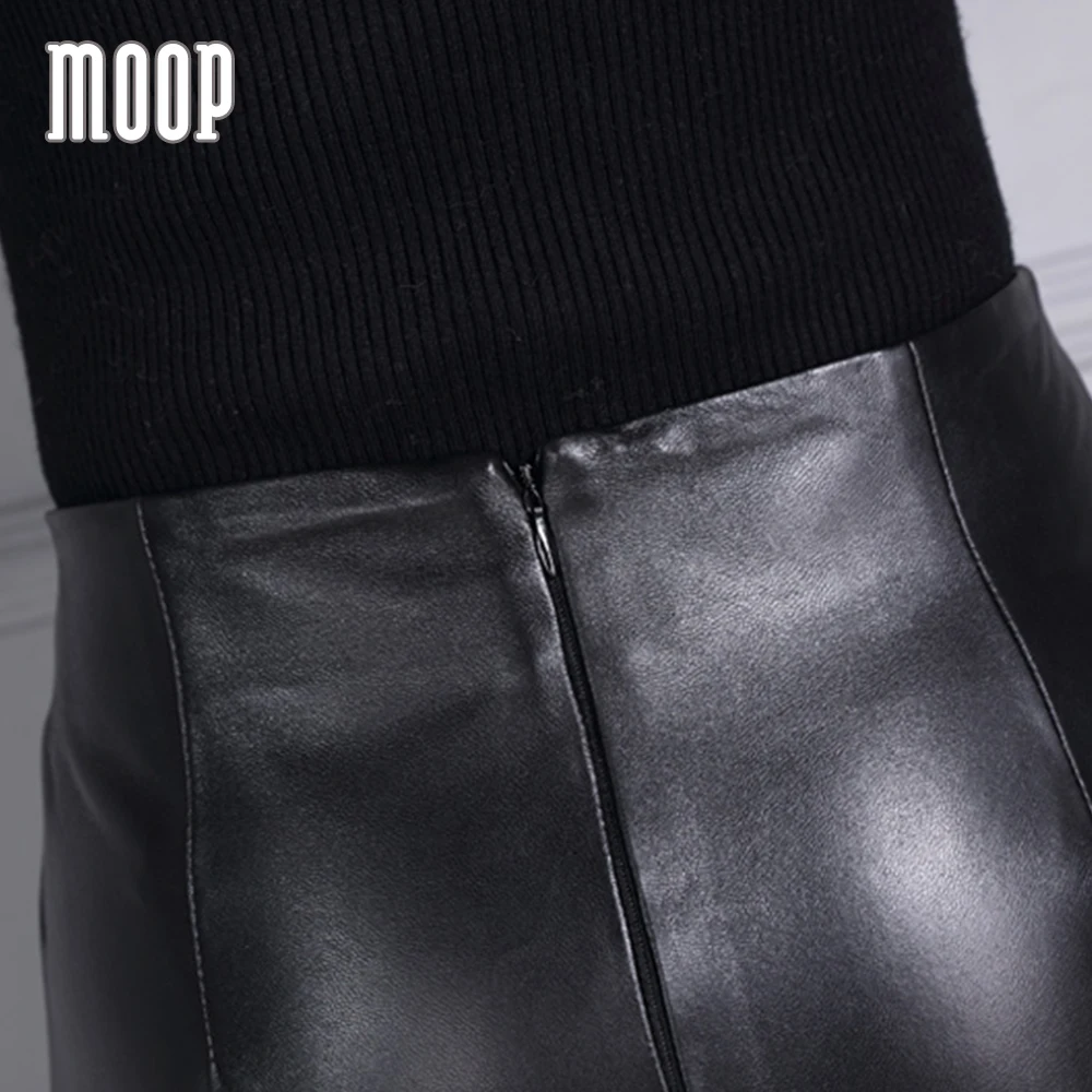 OL стиль черные юбки из натуральной кожи овчина Женская тонкая юбка карандаш с