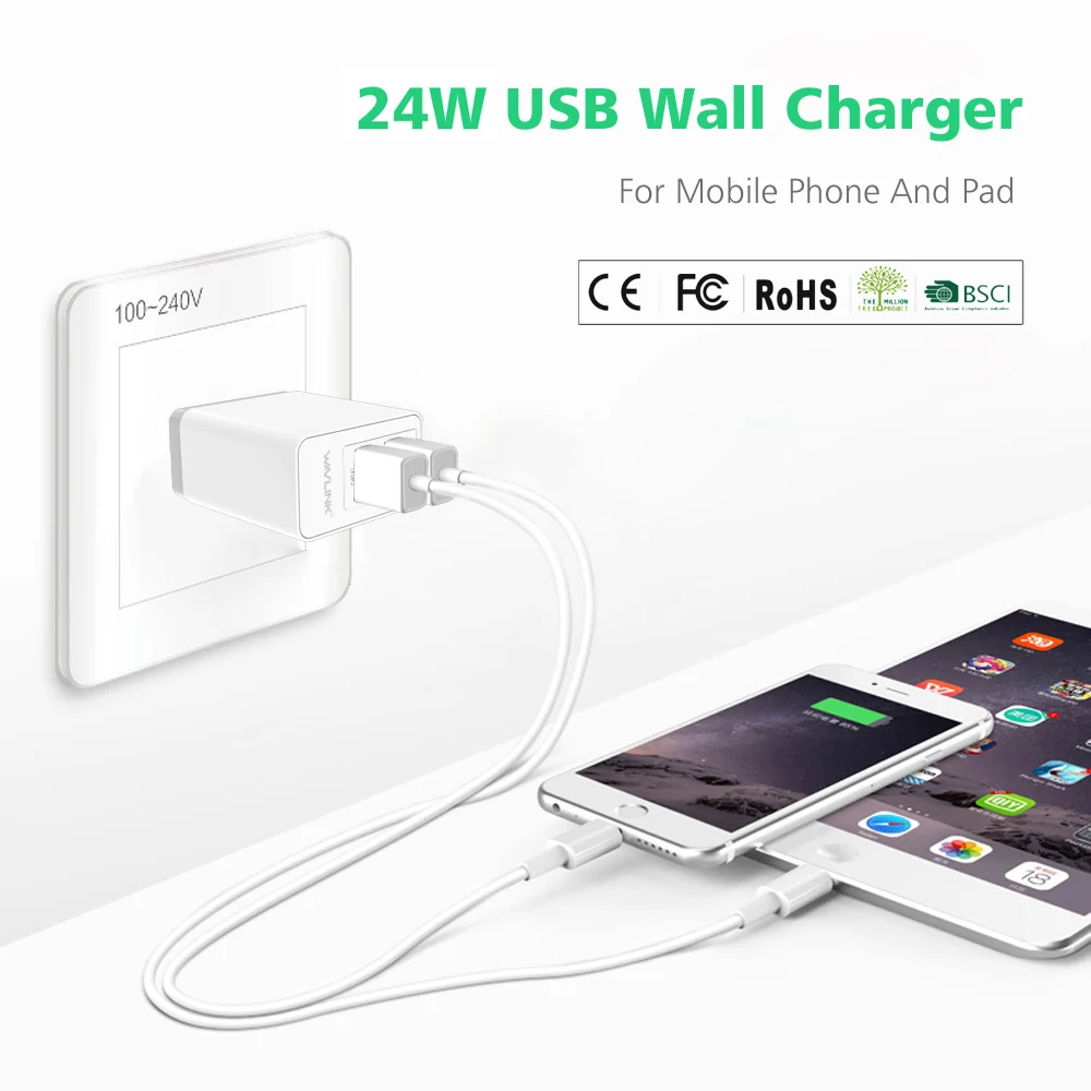 Wavlink 2 порта 24 Вт/4.8A USB настенное зарядное устройство настольная станция DC5V/2.4A