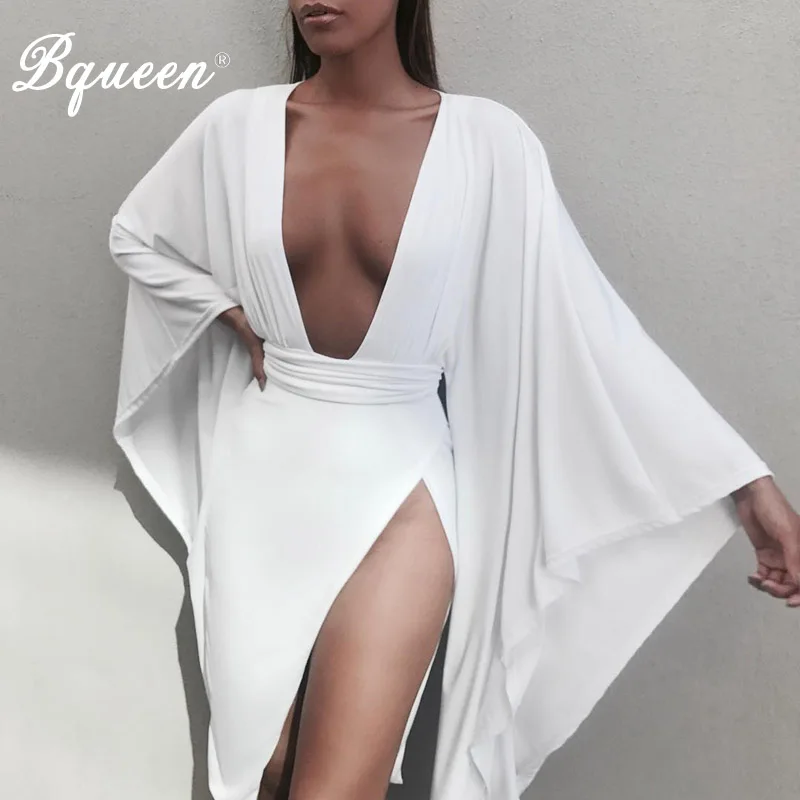 Bqueen новое платье с широкими расклешенными рукавами, сексуальное платье с глубоким v-образным вырезом, повседневное осеннее женское Бандажное вечернее платье vestidos