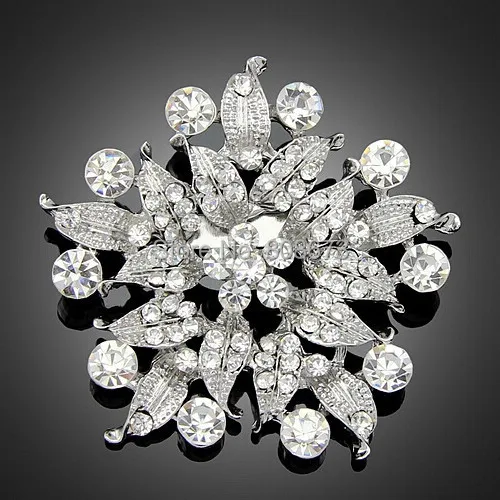 Cheap Price From Factory!Retail Vintage Rhodium Plated Clear Crystal Big Flower Pin Brooch Fancy Jewelry Accessories |