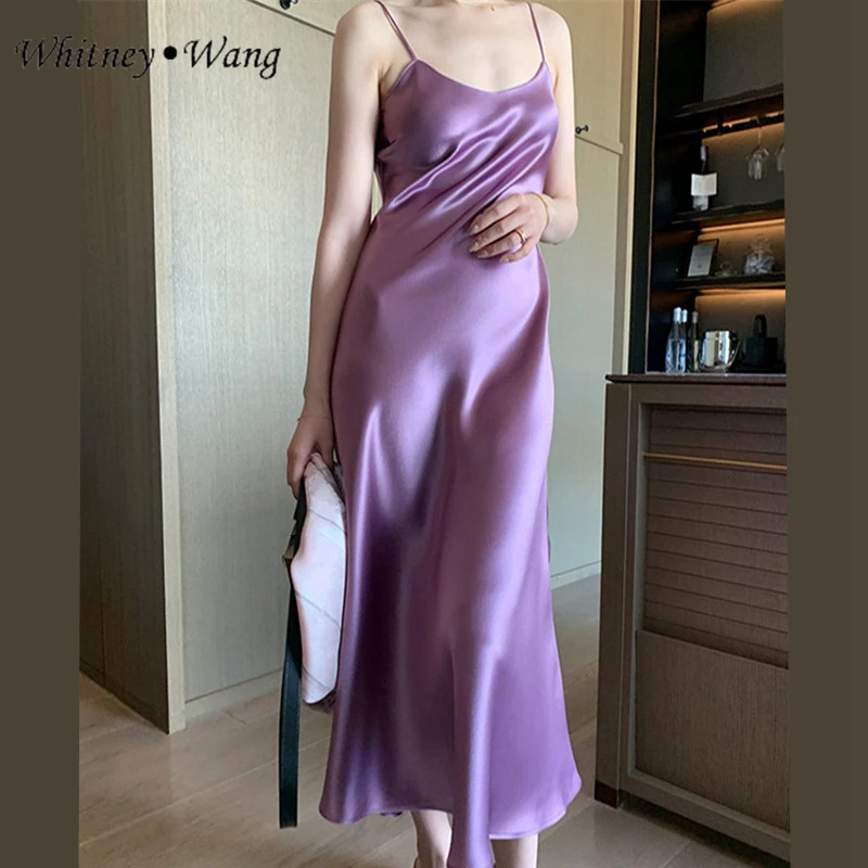 WHITNEY WANG 2019 летнее модное уличная сексуальное атласное платье на бретельках