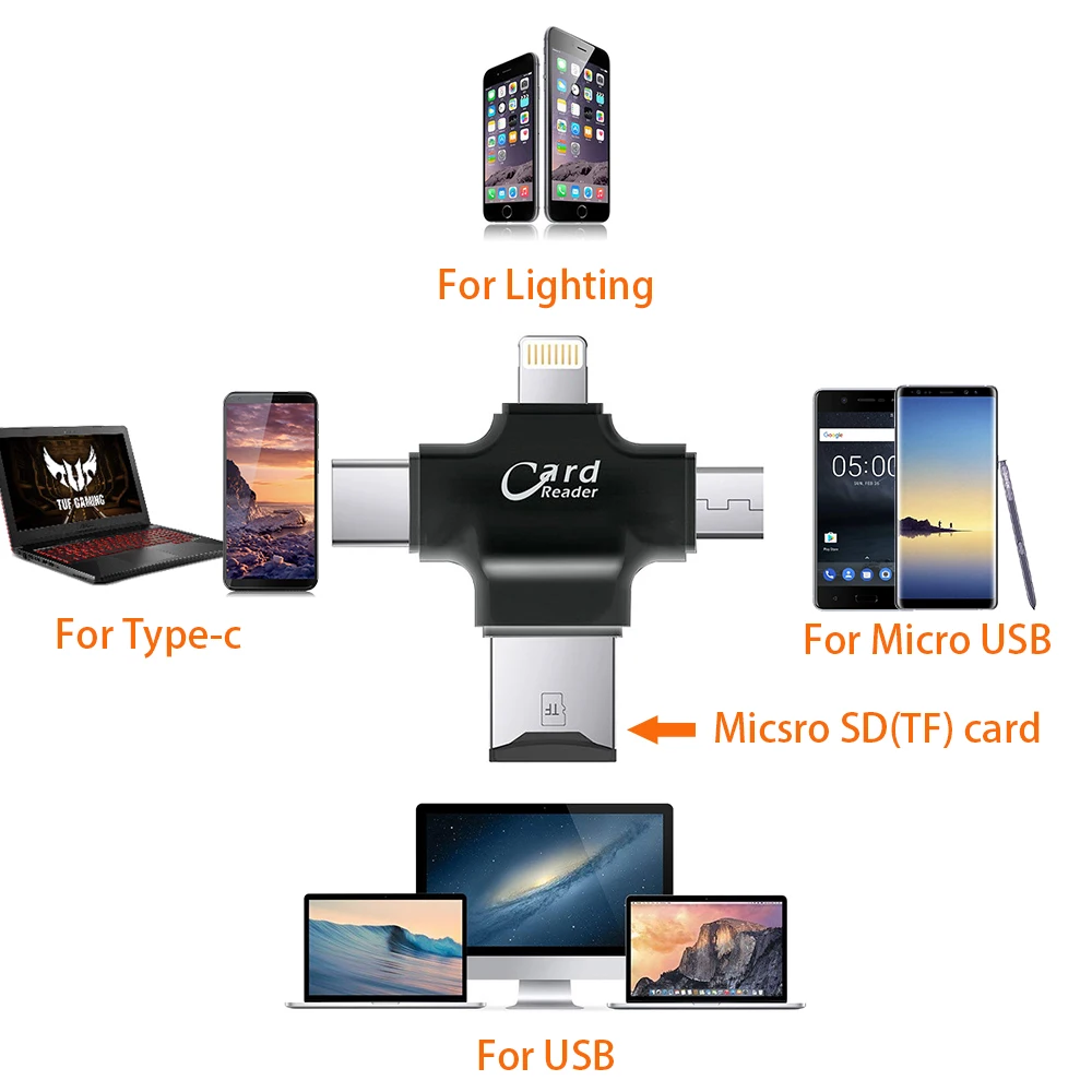 4 в 1 кардридер Type C Micro USB адаптер TF SD для Android ipad/iphone 7plus 6s5s MacBook