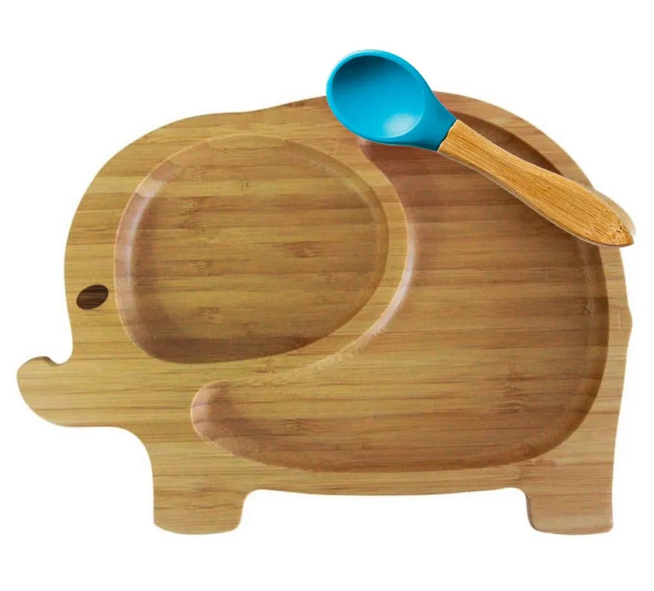 Blue Plate and Spoon Миска на присоске из бамбука и силикона, детская Тарелка на присоске, Бамбуковая посуда для кормления детей, миска для кормления ребенка - Цвет: Blue Plate and Spoon