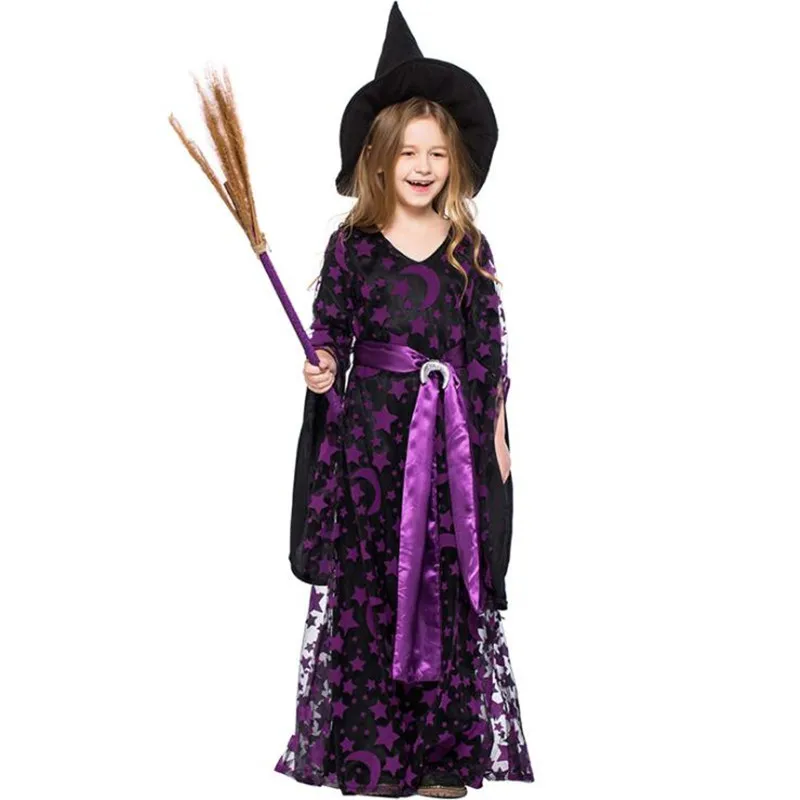 

Hallowmas Purple Moon Star Witch Cosplay Costume Kids Children Girl Stage Performance Costumes Halloween Party Dress Decoration