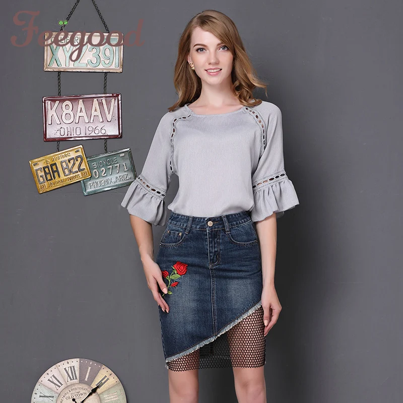 rose embroidered splicing denim skirt 2017 autumn fashion net package hip skirts large size needlework female GL1050 | Женская одежда