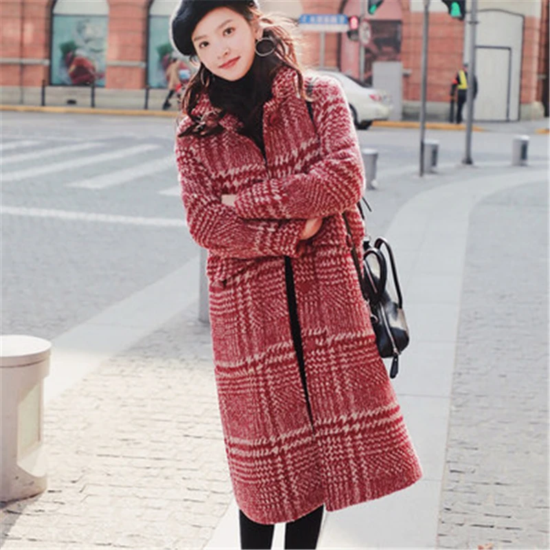 Красное Клетчатое шерстяное пальто Женская осенне зимняя одежда Новинка 2018